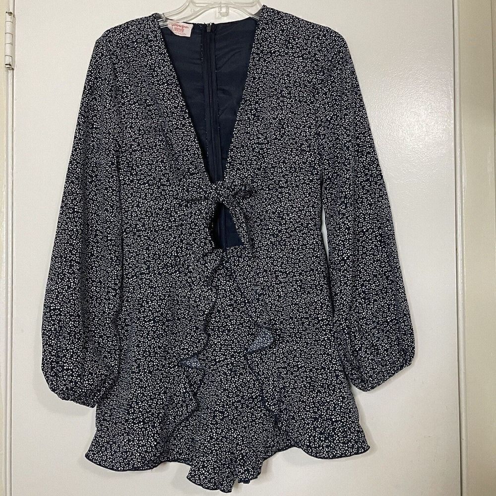 SHOWPO Navy floral long sleeve tie front mini romper dress size 6
